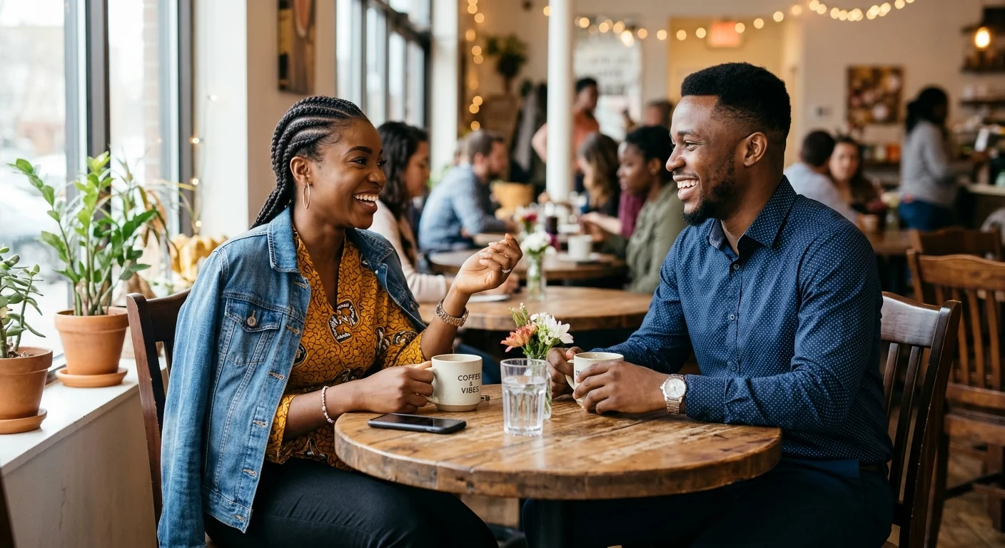 A casually dressed young African man and woman sitting together, talking as friends